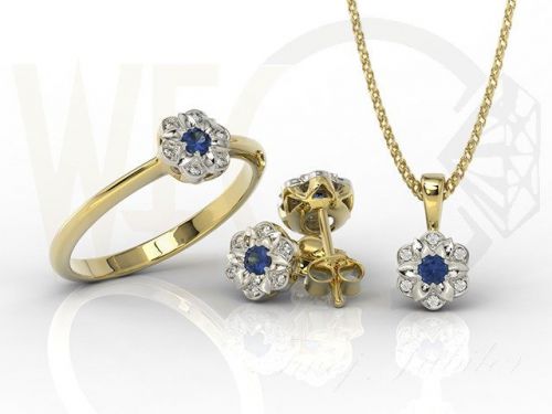 Komplet: pierścionek, kolczyki i wisiorek z żółtego i białego złota z szafirem i diamentami jp-87zb-