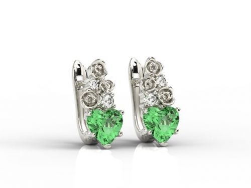 Kolczyki z białego złota z topazami zielonymi w kształcie serca i diamentami apk-53b