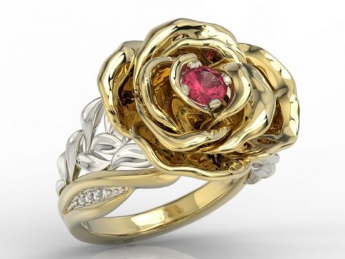 Pierścionek z żółtego i białego złota w kształcie róży z rubinem i diamentami ap-95zb