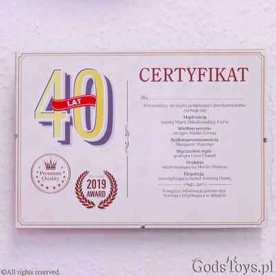 Certyfikat urodzinowy dla czterdziestolatki - klasyczny