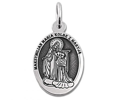 Medalik srebrny z wizerunkiem św. maksymiliana marii kolbego z maryją